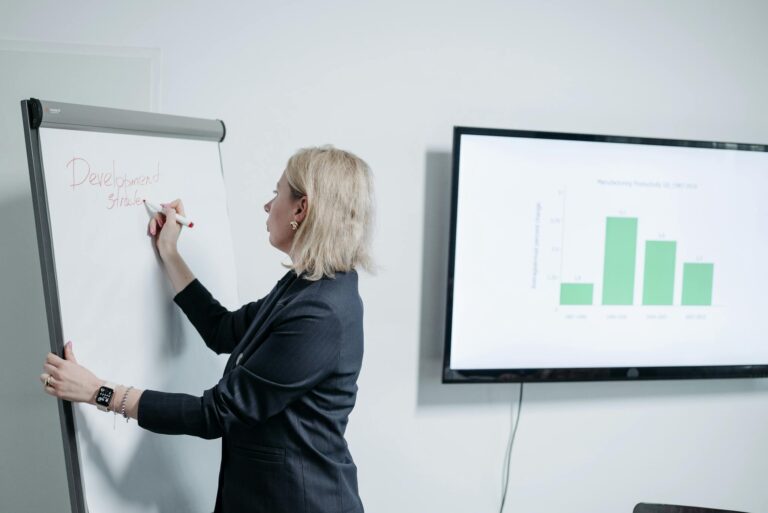 Professional woman in office writing on whiteboard during a business presentation.